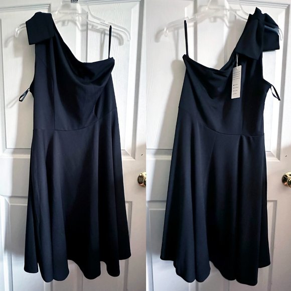 JASAMBAC One Shoulder Bow Black A-line Cocktail Party Dress with Pockets XL - Picture 3 of 11